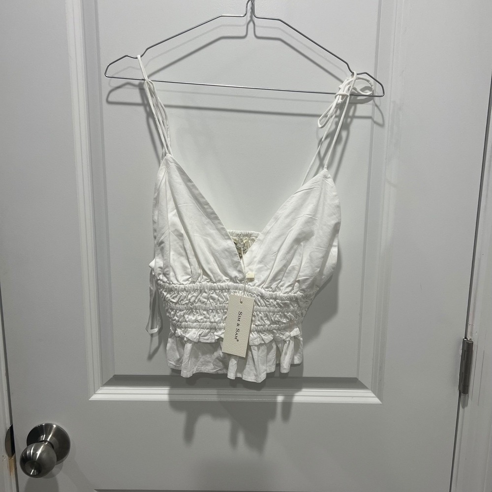 Sim & Sam Womens Crop Top Smocked Waist White‎ S NWT Flawed